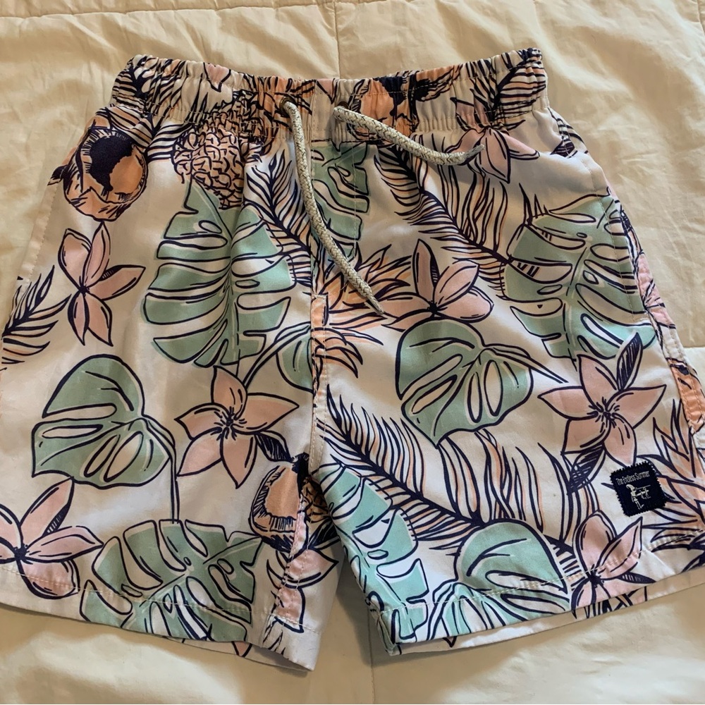 Kids Tropical Leaf Swim Trunks - Pink & Mint